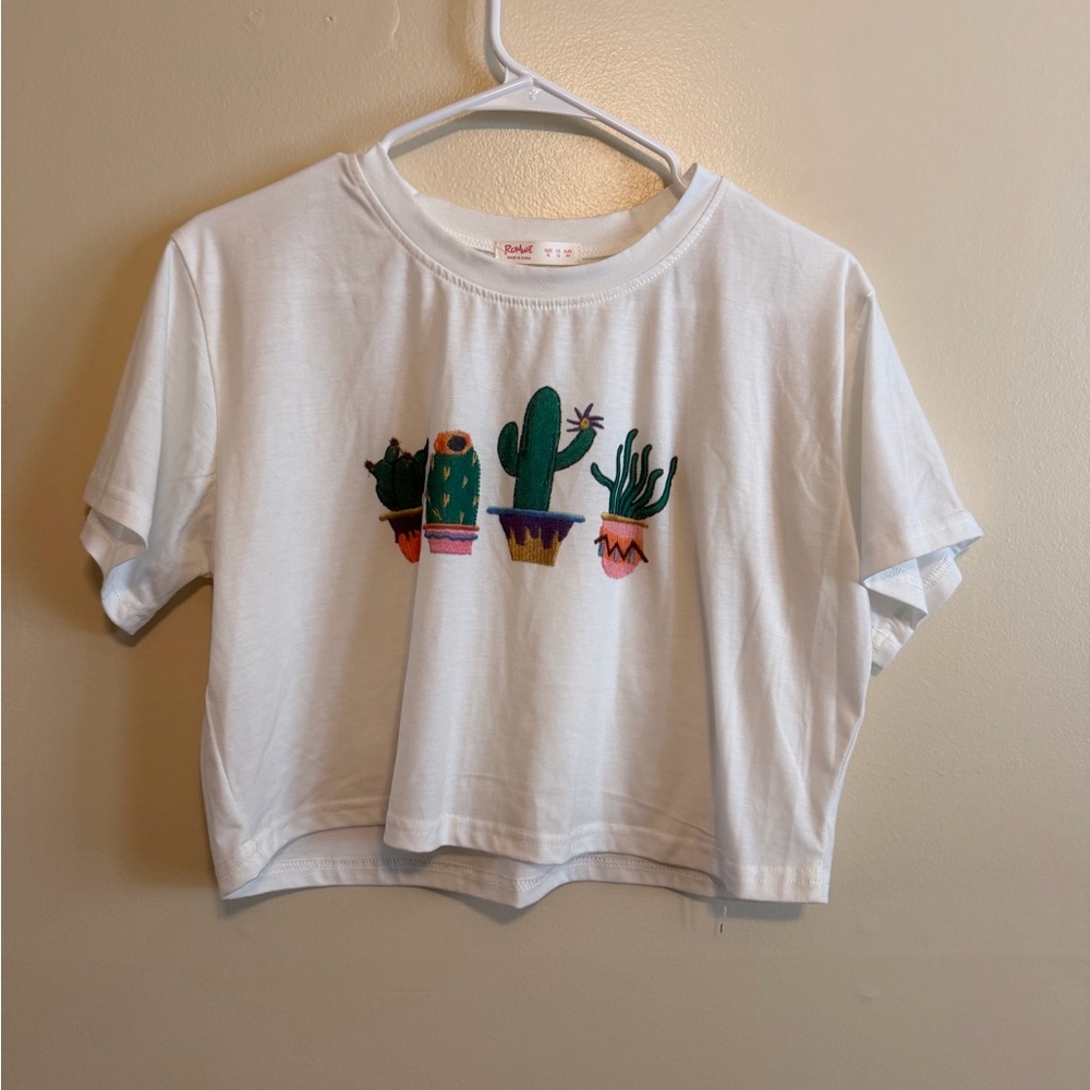 ROMWE White Crop Tee with Cactus Pots